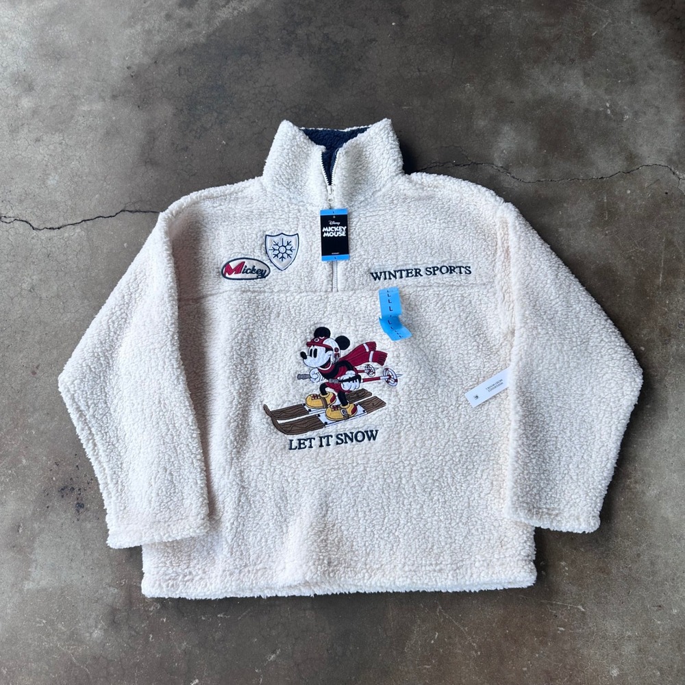 Disney Mickey Mouse Sherpa Pullover Womens L Off White New Ski Winter Sports